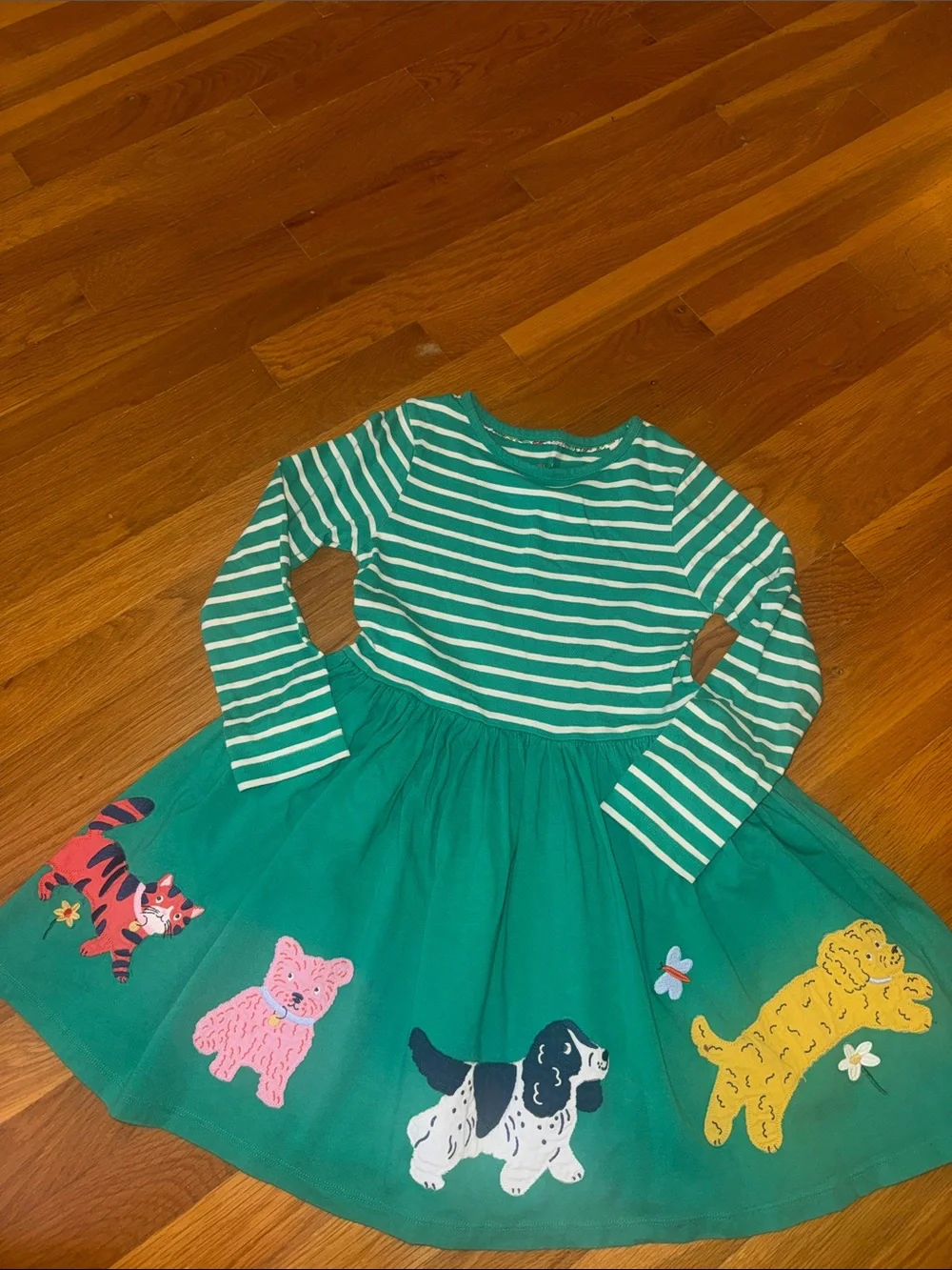 Mini Boden Green Striped Long-Sleeve Dress with Playful Animal Appliqués
